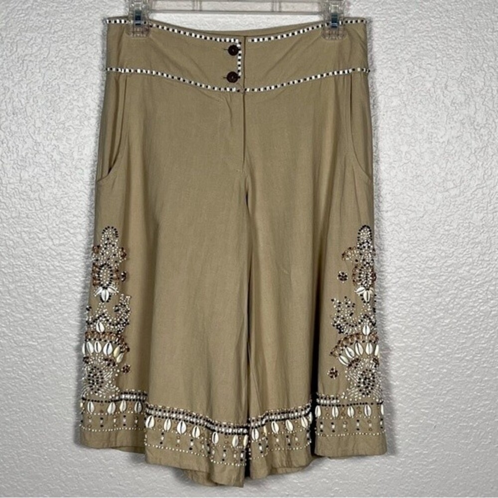 Basil & Maude Sz 0 Cropped Sea Shell BEADED Culottes PANTS Embroidered Tan Y2K